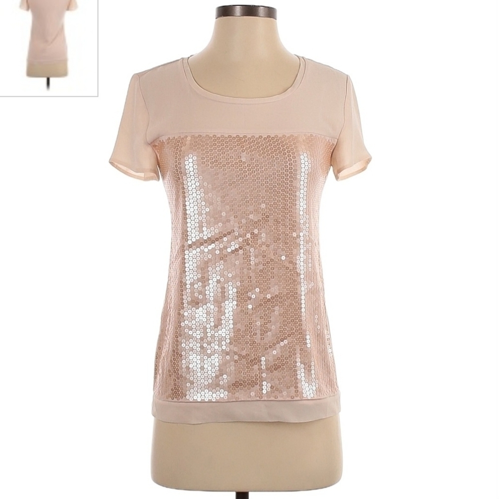 Ann Taylor Blush Pink Sheer Sequin Short Sleeve Top Women's XS Round Neck EUC
